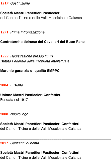 ________________________________________________________
1917  Costituzione

Società Mastri Panettieri Pasticcieri
del Canton Ticino e delle Valli Mesolcina e Calanca

________________________________________________________
1971  Prima Intronizzazione

Confraternita ticinese dei Cavalieri del Buon Pane

________________________________________________________
1999  Registrazione presso l’IFPI
Istituto Federale della Proprietà Intellettuale

Marchio garanzia di qualità SMPPC

________________________________________________________	
2004  Fusione

Unione Mastri Pasticcieri Confettieri
Fondata nel 1917

________________________________________________________	
2008  Nuovo logo 

Società Mastri Panettieri Pasticcieri Confettieri
del Canton Ticino e delle Valli Mesolcina e Calanca

________________________________________________________		
2017  Cent’anni di bontà.

Società Mastri Panettieri Pasticcieri Confettieri
del Canton Ticino e delle Valli Mesolcina e Calanca